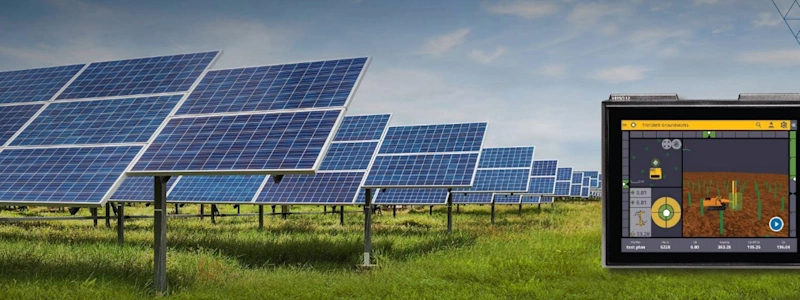Solar panel farm in a green field under a blue sky, with a Trimble Groundworks display screen overlay showing grading data.
