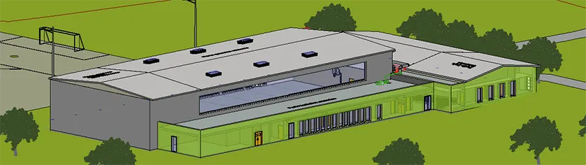 3D model of a modern sports facility with a large, rectangular main building and a smaller, adjacent wing.