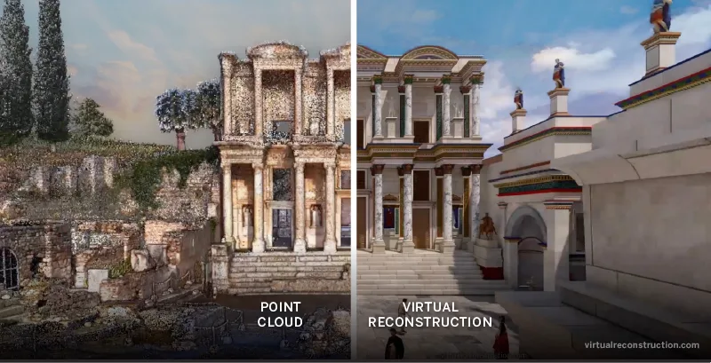 Side-by-side comparison of the Library of Celsus, with a point cloud scan of the ruins on the left and a virtual reconstruction on the right.