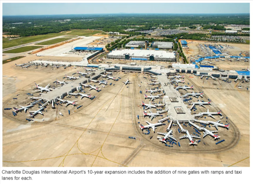 Charlotte Douglas International Airport expansion adds nine gates with ramps and taxi lanes.