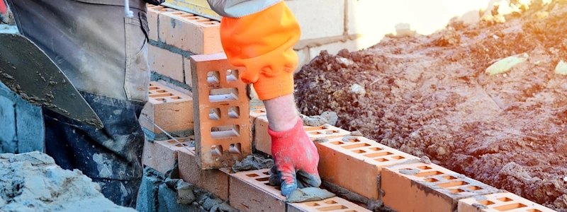 Bricklayer in orange gear laying bricks with mortar on a construction site.