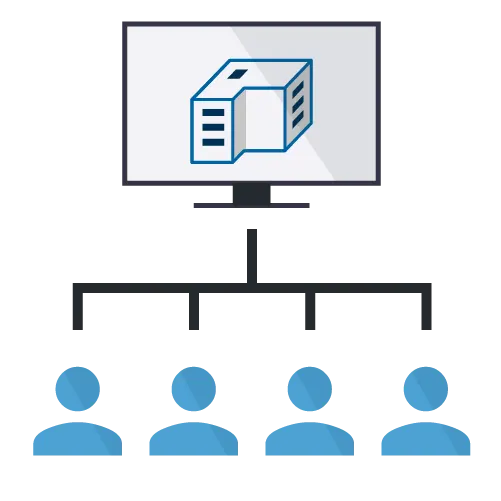 A computer screen displays a 3D architectural model, connected to four stylized human figures below.