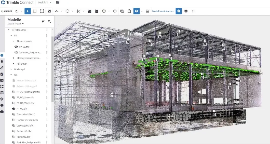 3D scan of a building model with project files displayed in Trimble Connect software.