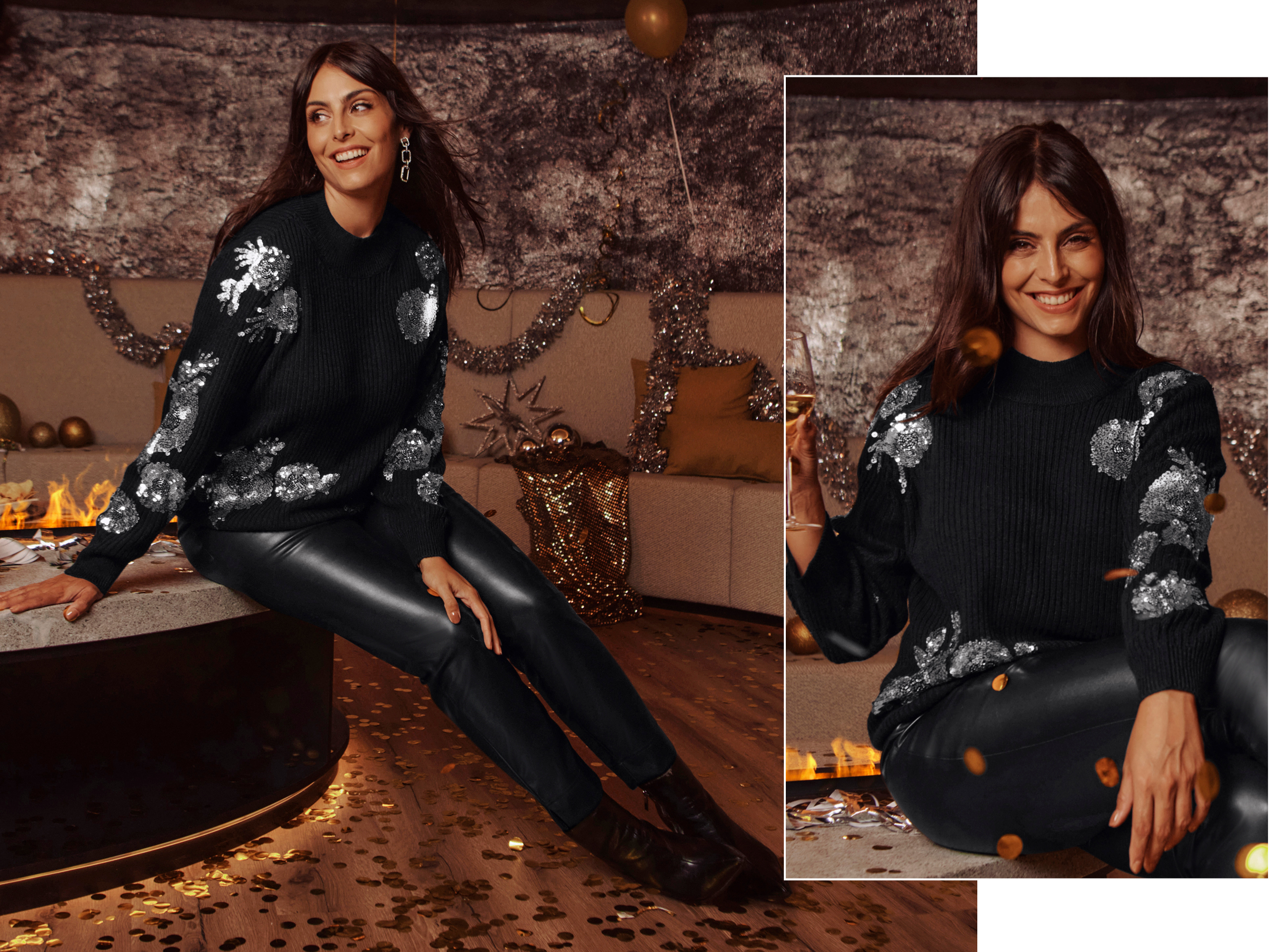 Ein Model in einer einer Party Umgebung trägt einen schwarzen Pullover mit Pailletten und eine
schmale, schwarze Lederimitat-Hose.