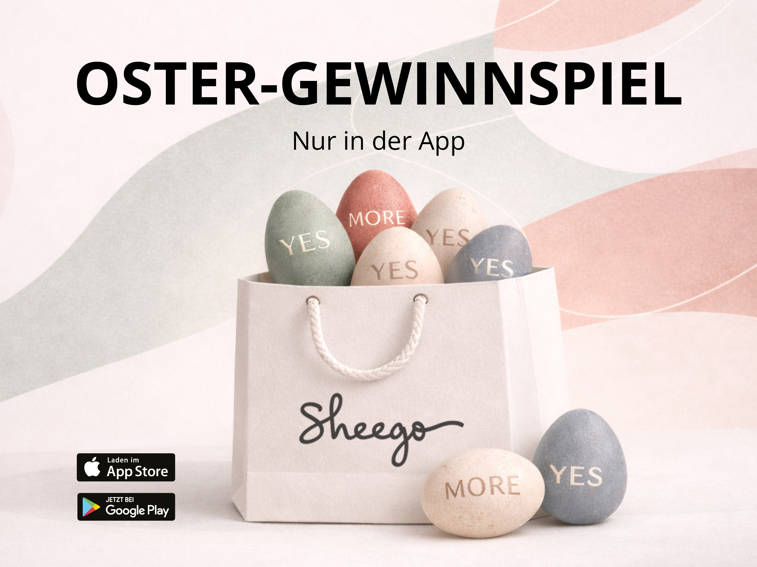 Ein Werbebanner zeigt eine sheego Einkaufstüte mit mehreren bunten Eiern und dem Text: Ostergewinnspiel, nur in der App. Außerdem sind die Logos vom App Store und Google Playstore abgebildet.