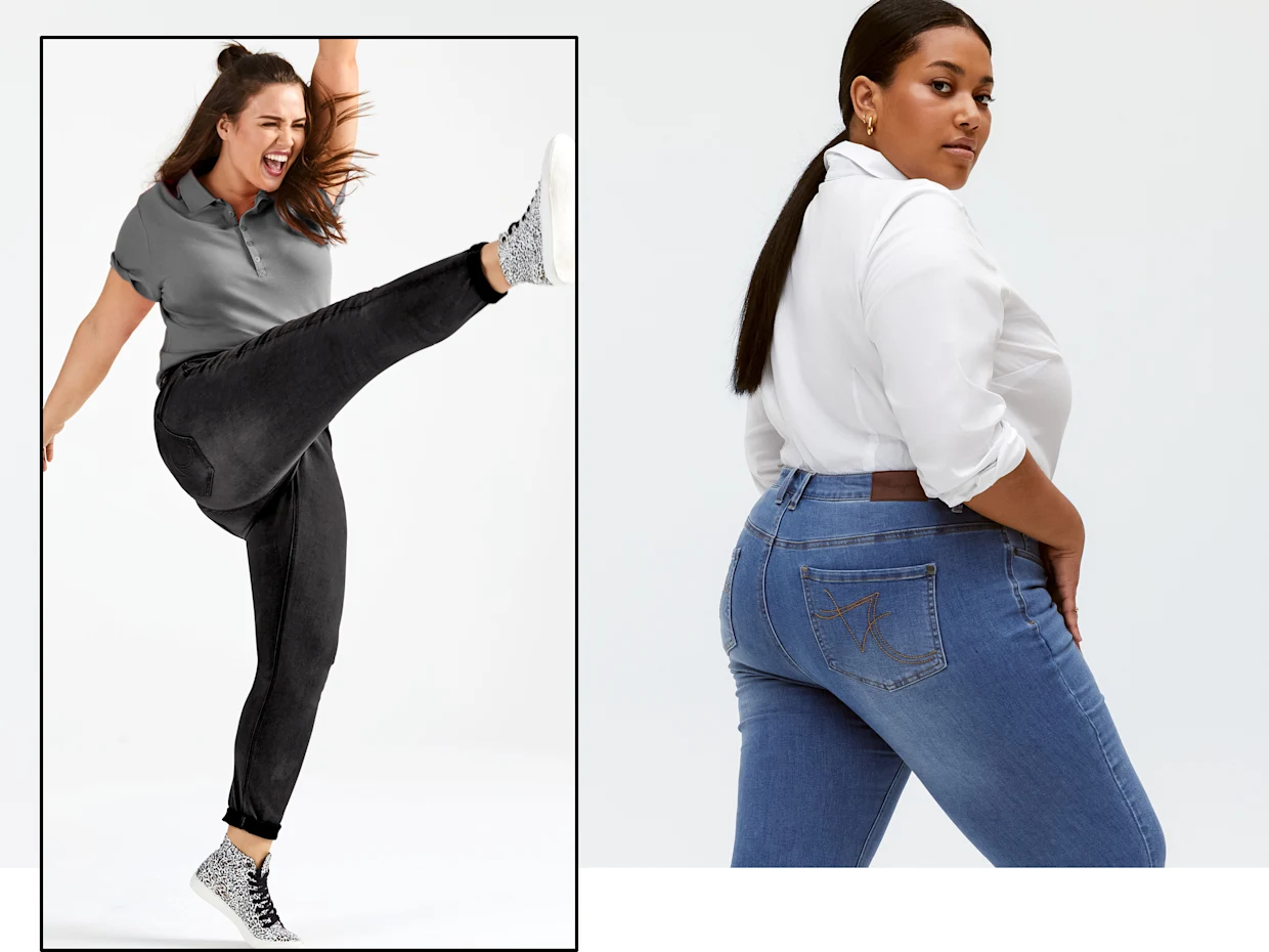 Frau streckt Bein nach oben mit der Power Stretch Jeans von sheego