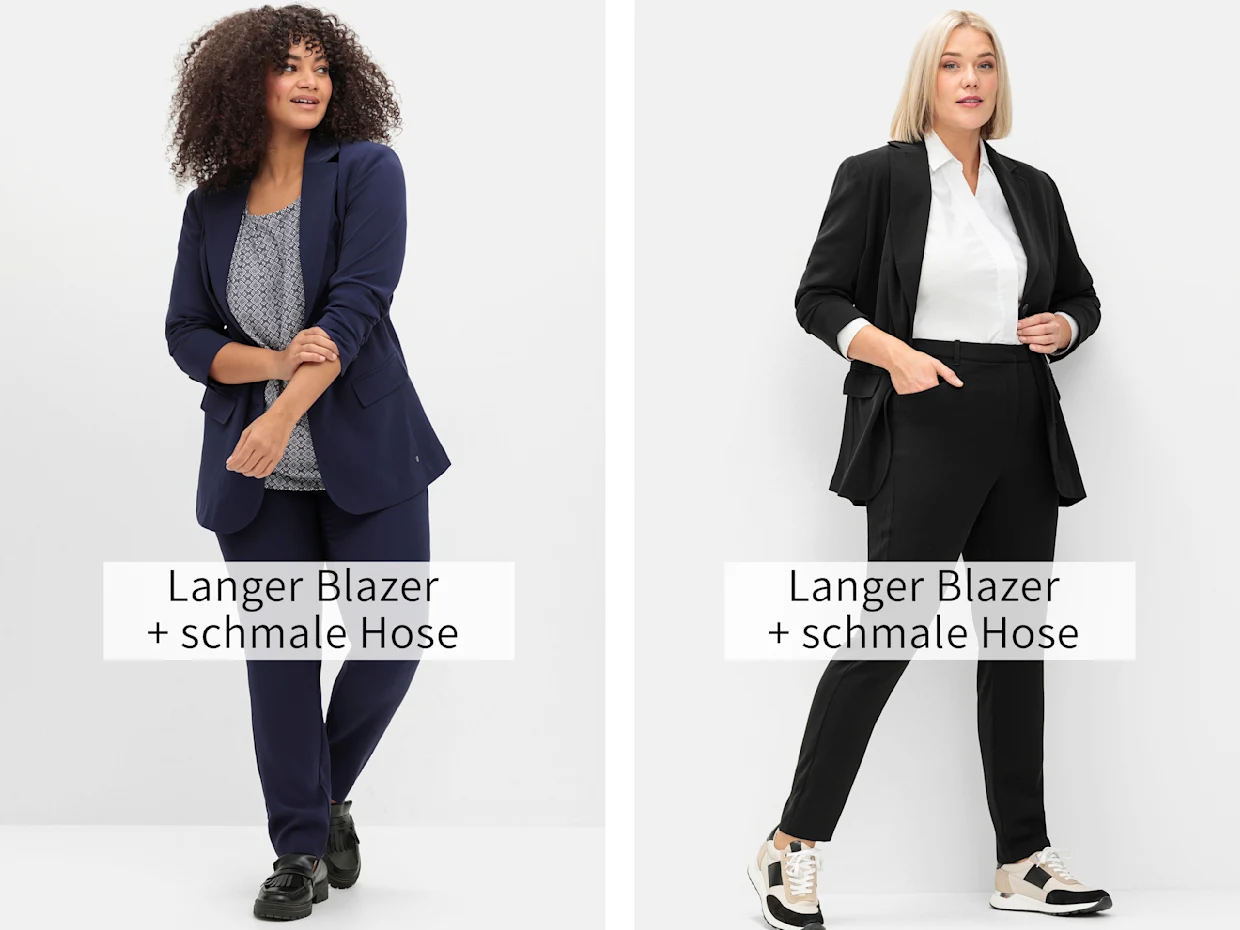 Die 2 Abbildungen zeigen links ein Model mit einem langen blauen Blazer und schmaler Hose, rechts ein Model mit einem langen schwarzen Blazer und schmaler Hose. Die 2 Abbildungen zeigen links ein Model mit einem langen blauen Blazer und schmaler Hose, rechts ein Model mit einem langen schwarzen Blazer und schmaler Hose.