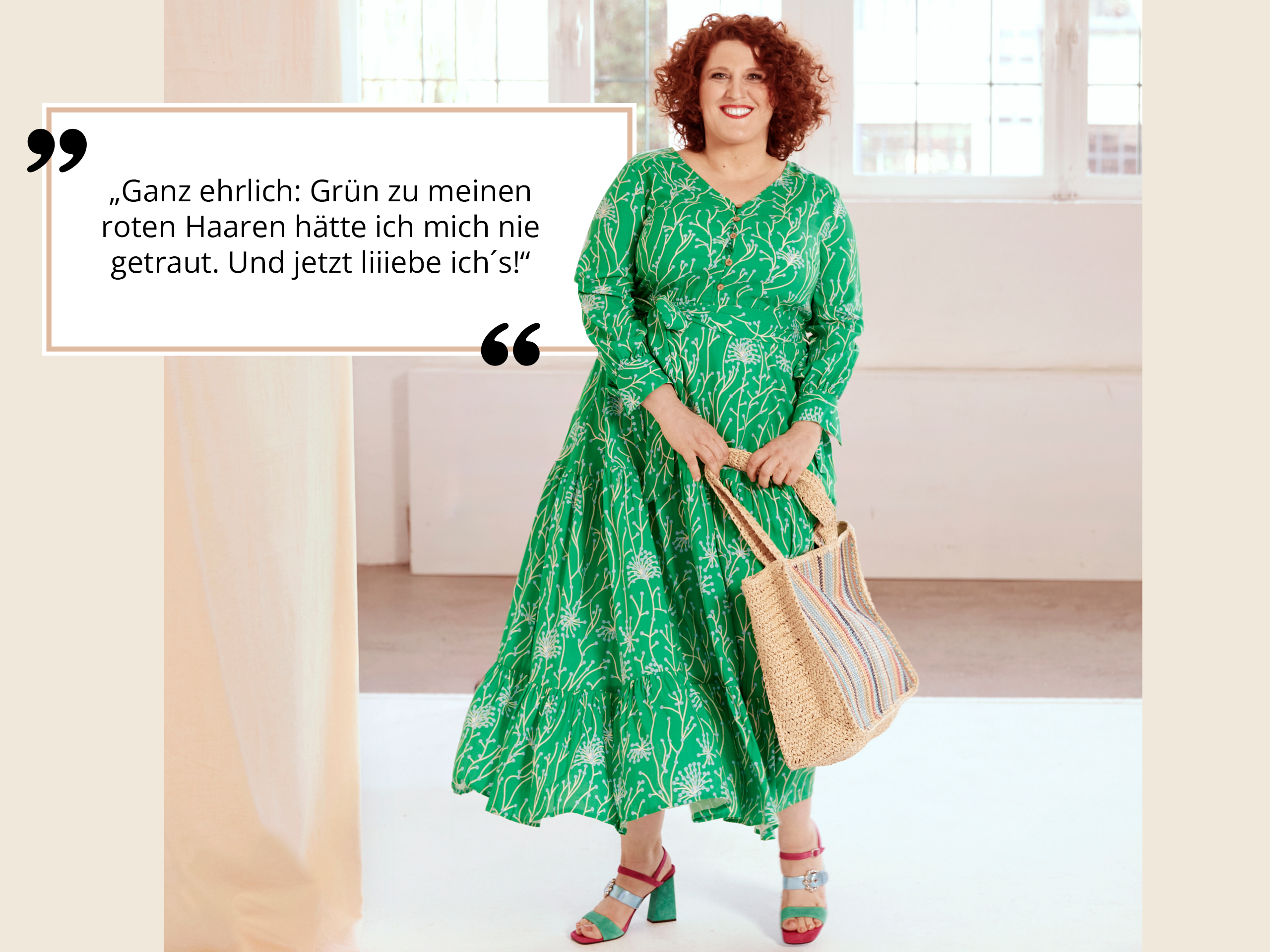 Unsere Kundin Tina trägt ein grünes Maxikleid mit filigranem, floralem Alloverdruck. Daneben im Rahmen folgender Text: Was ich an mir liebe? Dass ich Kurven habe und einfach weiblich aussehe. Außerdem folgender Text: „Ganz ehrlich: Grün zu meinen roten Haaren hätte ich mich nie getraut. Und jetzt liiiebe ich´s!"