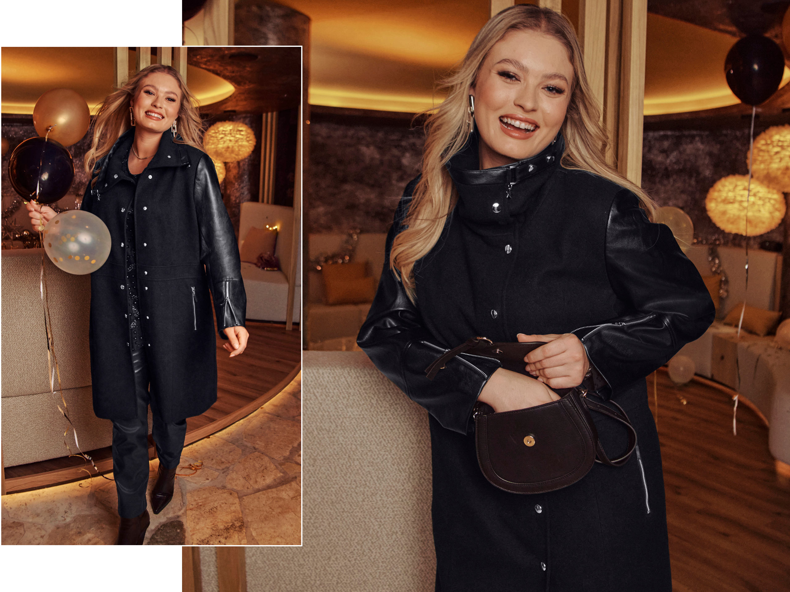 Ein Model in einer Party Umgebung. Sie trägt einen schwarzen Kurzmantel mit Lederimitat-Ärmeln