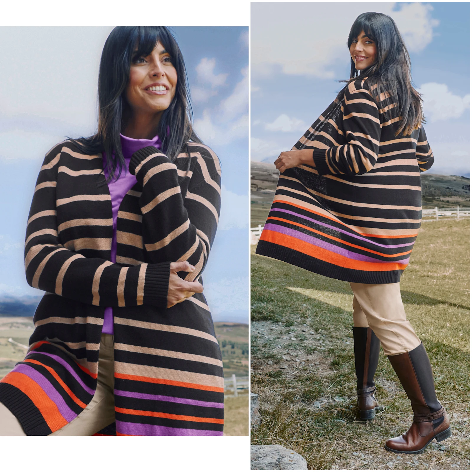 Model in gestreiftem Cardigan in Schwarz-sand und lila-orange am Saum