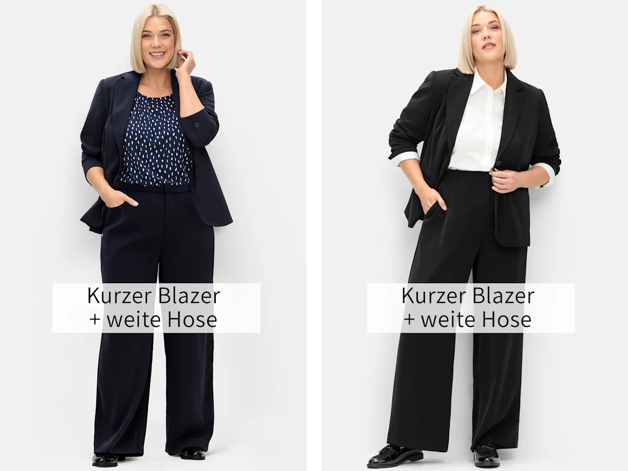 Die 2 Abbildungen zeigen links ein Model mit einem kurzen blauen Blazer und weiter Hose, rechts ein Model mit einem kurzen schwarzen Blazer und weiter Hose. Die 2 Abbildungen zeigen links ein Model mit einem kurzen blauen Blazer und weiter Hose, rechts ein Model mit einem kurzen schwarzen Blazer und weiter Hose.