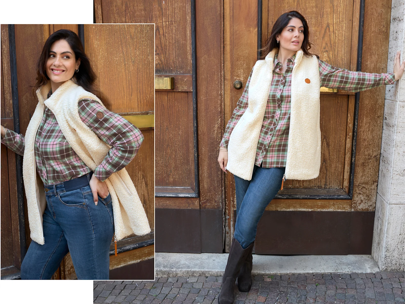 Ein Model trägt eine champagnerfarbene Fellimitat-Weste im Mix aus Teddy und Stepp, eine schoko-hortensie-karierte Bluse und eine blue-stone-washed Jeans mit schmalem Bein und Komfortbund