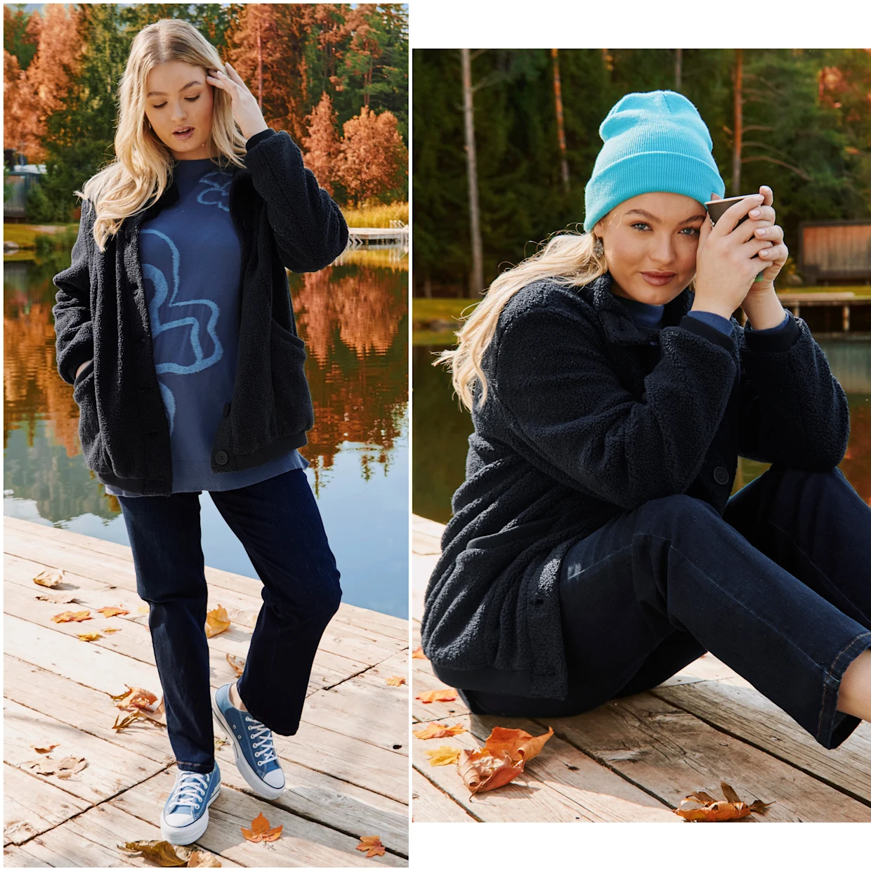 Model mit dunkler Jacke und Jeans über rauchblauem Pullover mit Blütenmuster