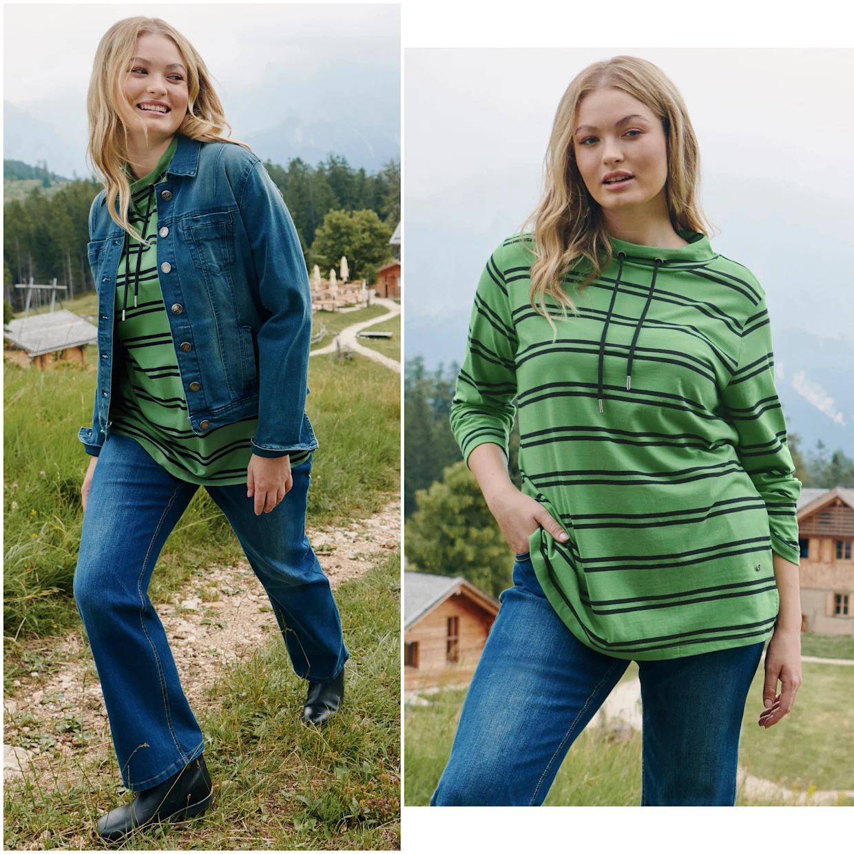 Model mit Jeansjacke über grün gestreiftem Sweatshirt und Jeans