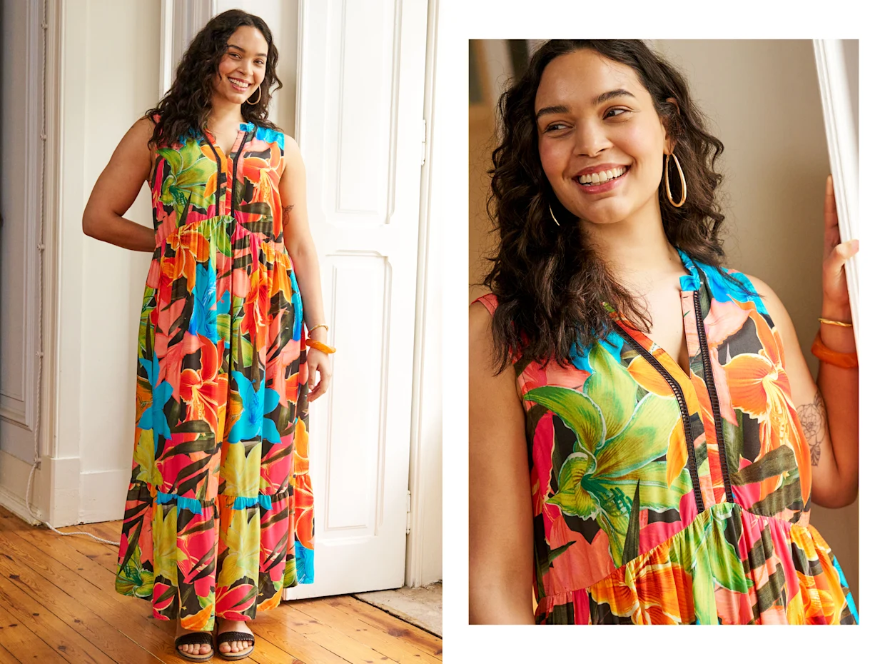 ärmelloses langes Kleid mit tropischem Druck