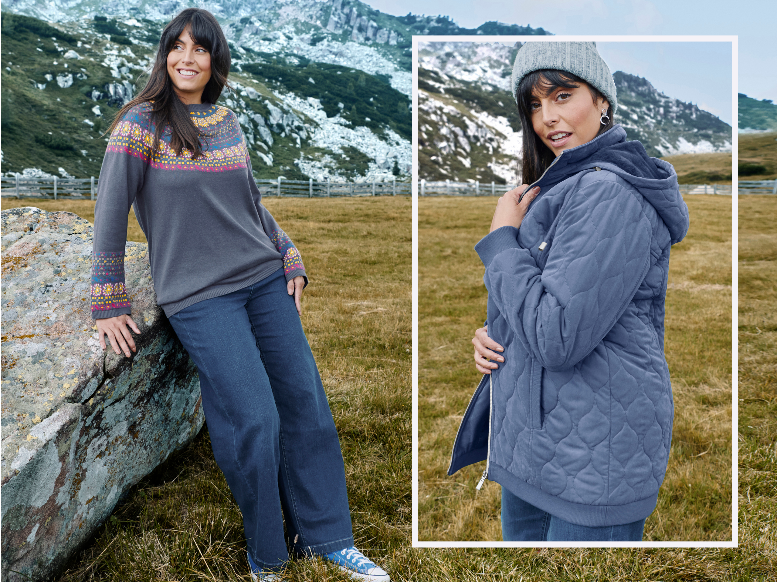 Ein Model lehnt in einem bergigen Gelände mit Wiese an einem Stein. Sie trägt einen rauchblauen Pullover mit Norweger-Jacquard-Muster, eine blaue Bootscut Jeans und blaue Sneaker. Rechts ein weiteres Bild, hier trägt sie eine rauchblaue Steppjacke.