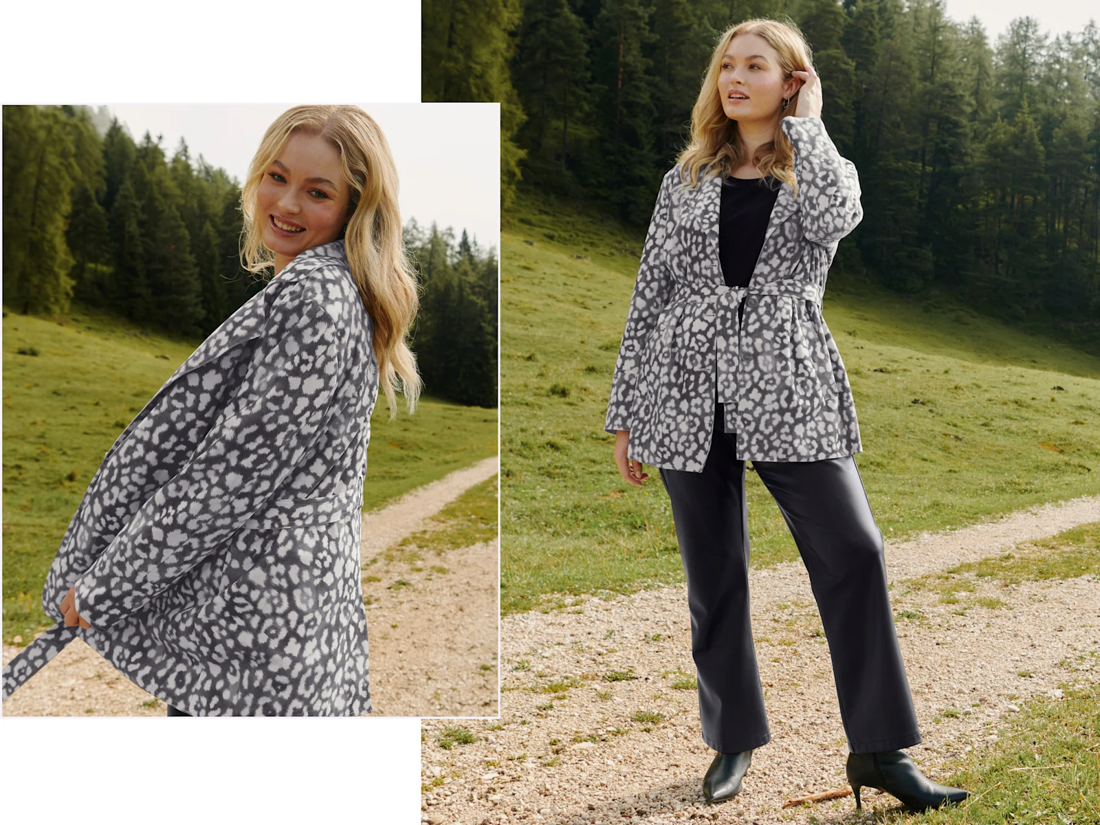 Zwei Abbildungen eines Models, sie steht auf einem Weg in einer grünen Landschaft und trägt eine graue, gemusterte Jacke mit Leoprint, eine schwarze Hose und schwarze Stiefeletten.