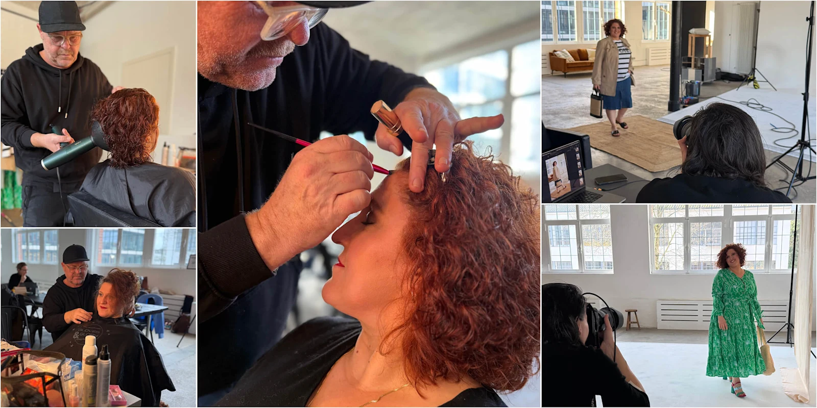 Eine Bildkomposition zeigt verschiedene Fotos vom Umstyling und vom Fotoshooting Eine Bildkomposition zeigt verschiedene Fotos vom Umstyling und vom Fotoshooting