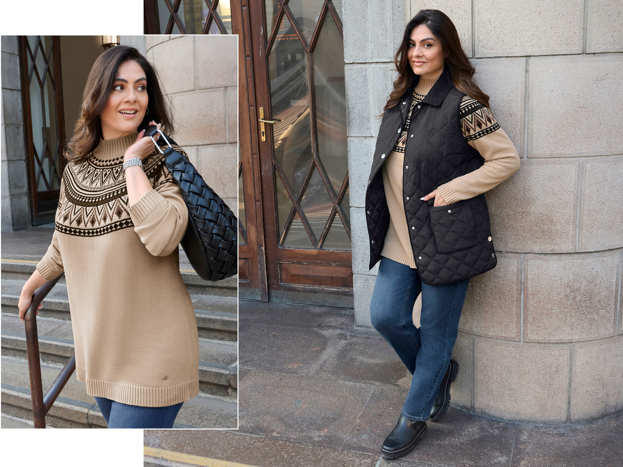 Ein Model trägt eine  schwarze Steppweste mit Cordpaspeln im Kontrast, einen camel-schoko-gemusterten Pullover und eine blue-stone-washed Jeans mit geradem Bein
