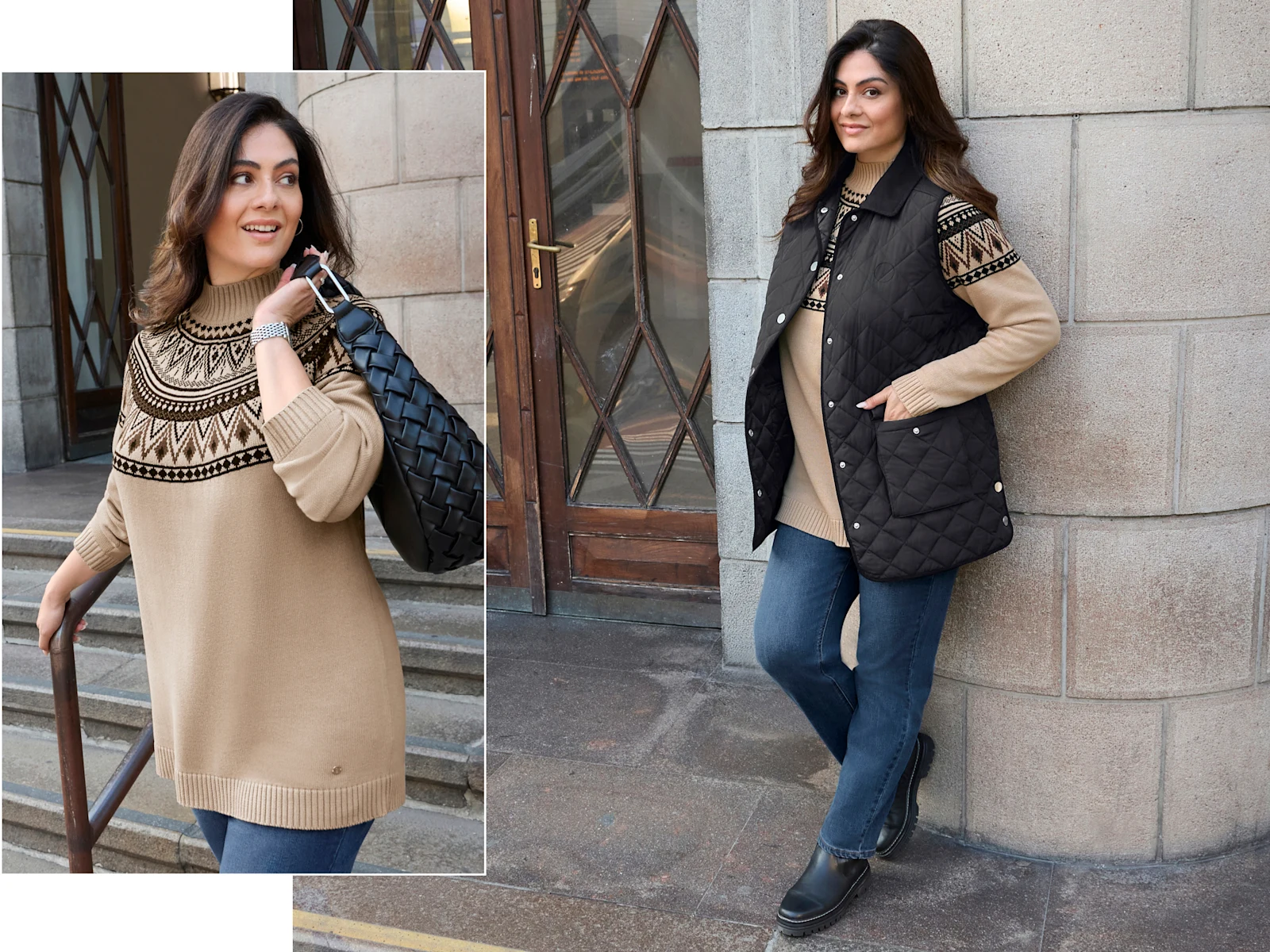Ein Model trägt eine schwarze Steppweste mit Cordpaspeln im Kontrast, einen camel-schoko-gemusterten Pullover und eine blue-stone-washed Jeans mit geradem Bein