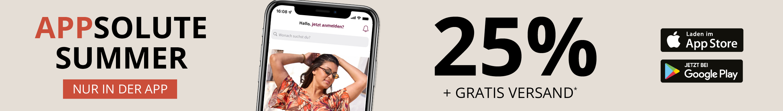 Werbebanner mit Smartphonescreen und Text: APPSolute Summer, nur in der App, 25% + Gratis Versand