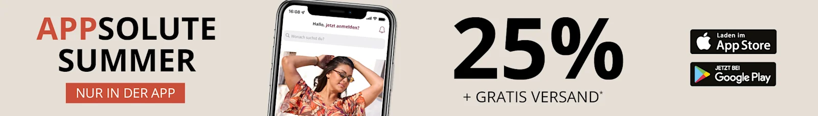 Werbebanner mit Smartphonescreen und Text: APPSolute Summer, nur in der App, 25% + Gratis Versand