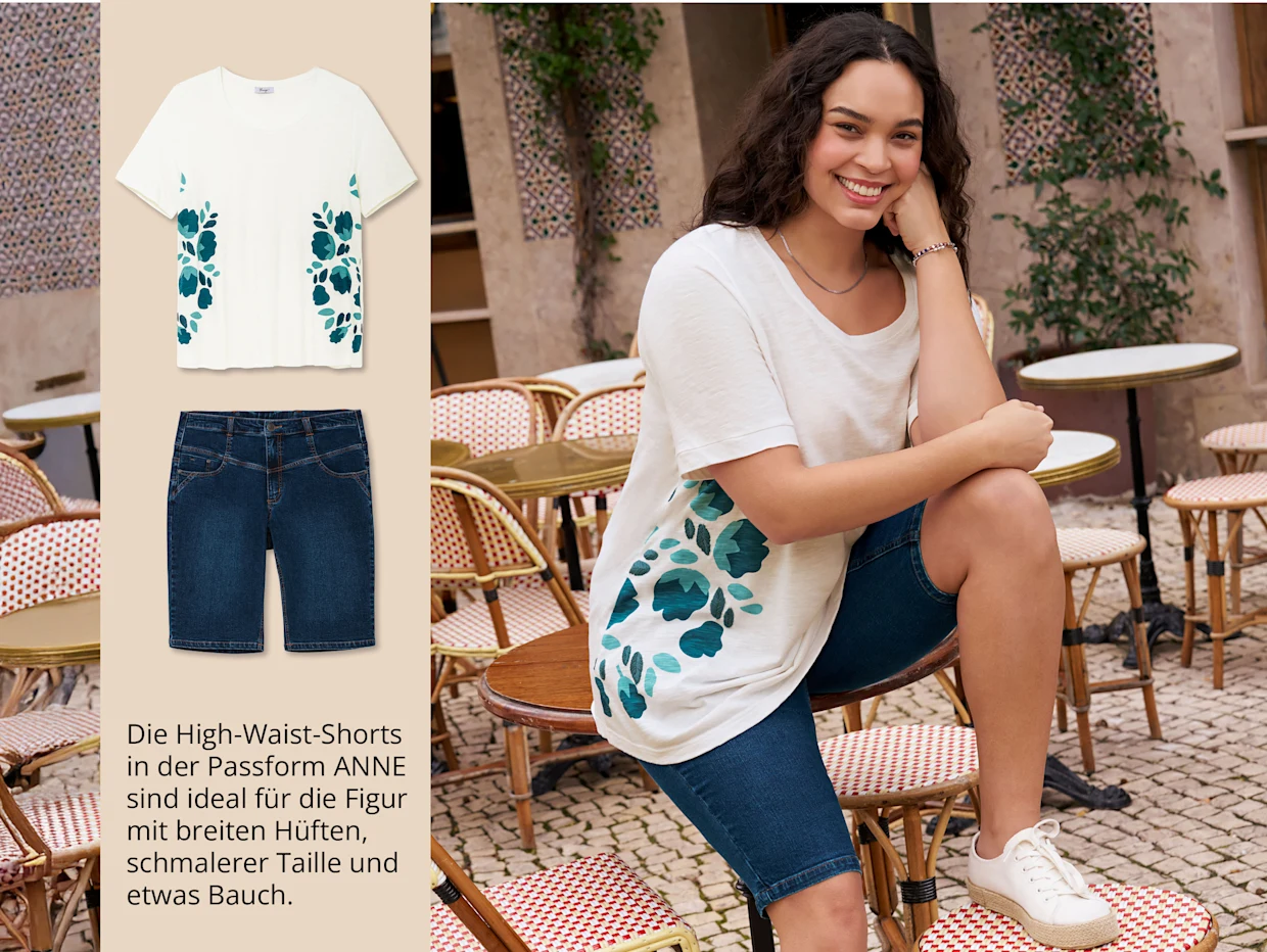 bedrucktes Shirt und Shorts in Passform Anne, ideal für breite Hüften, schmalere Taille und etwas Bauch bedrucktes Shirt und Shorts in Passform Anne, ideal für breite Hüften, schmalere Taille und etwas Bauch
