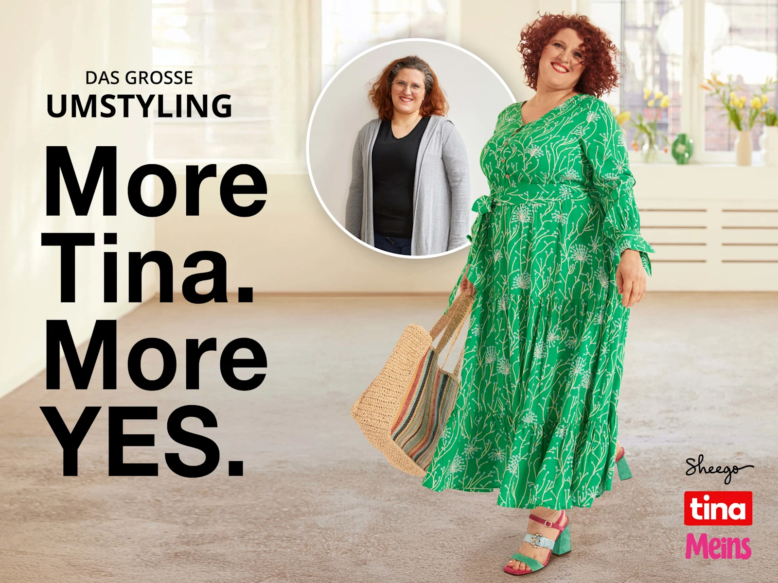 Die Abbildung zeigt ein Vorher-Nachher-Foto unserer Kundin Tina. Sie trägt ein grünes Maxikleid mit filigranem, floralem Alloverdruck. Daneben folgender Text: Das grosse Umstyling. More Tina, More YES, sowie die Logos von Sheego, tina und Meins