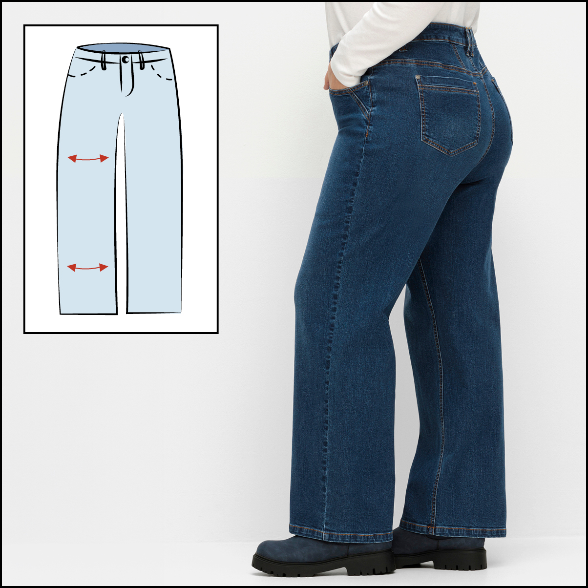 die Jeansform Ella angezogen und als kleines Piktogramm, das den Schnitt zeigt