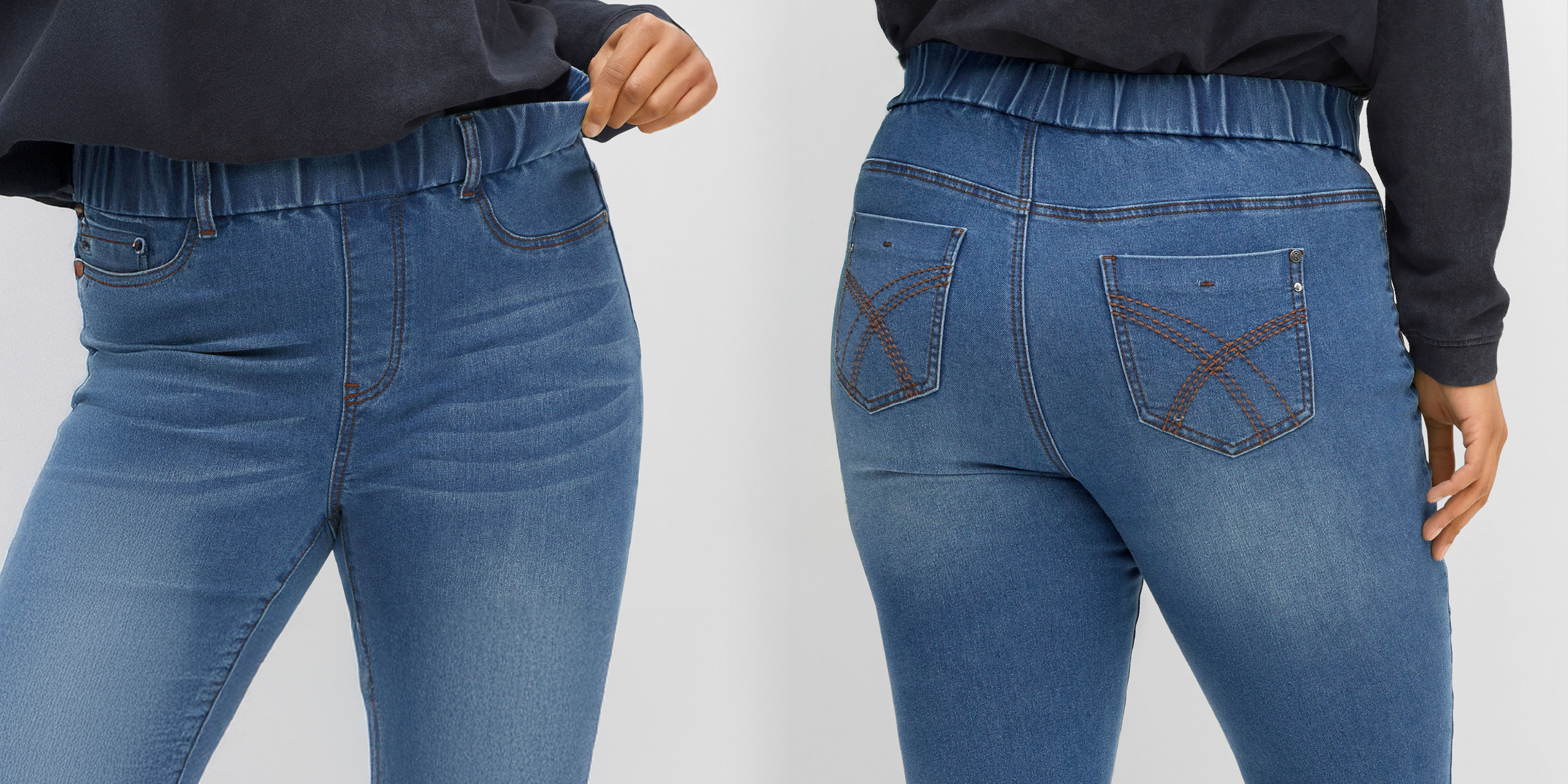 Werbebanner mit Jeans mit Gummibund und Verlinkung in alle Jeans mit Bequemend