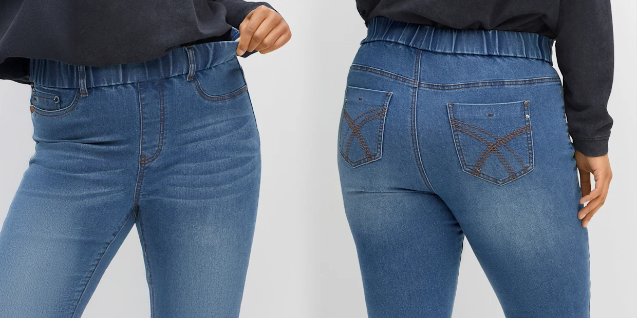 Werbebanner mit Jeans mit Gummibund und Verlinkung in alle Jeans mit Bequemend