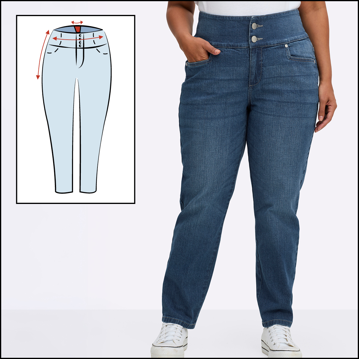 die Jeansform Anne angezogen und als kleines Piktogramm, das den Schnitt zeigt