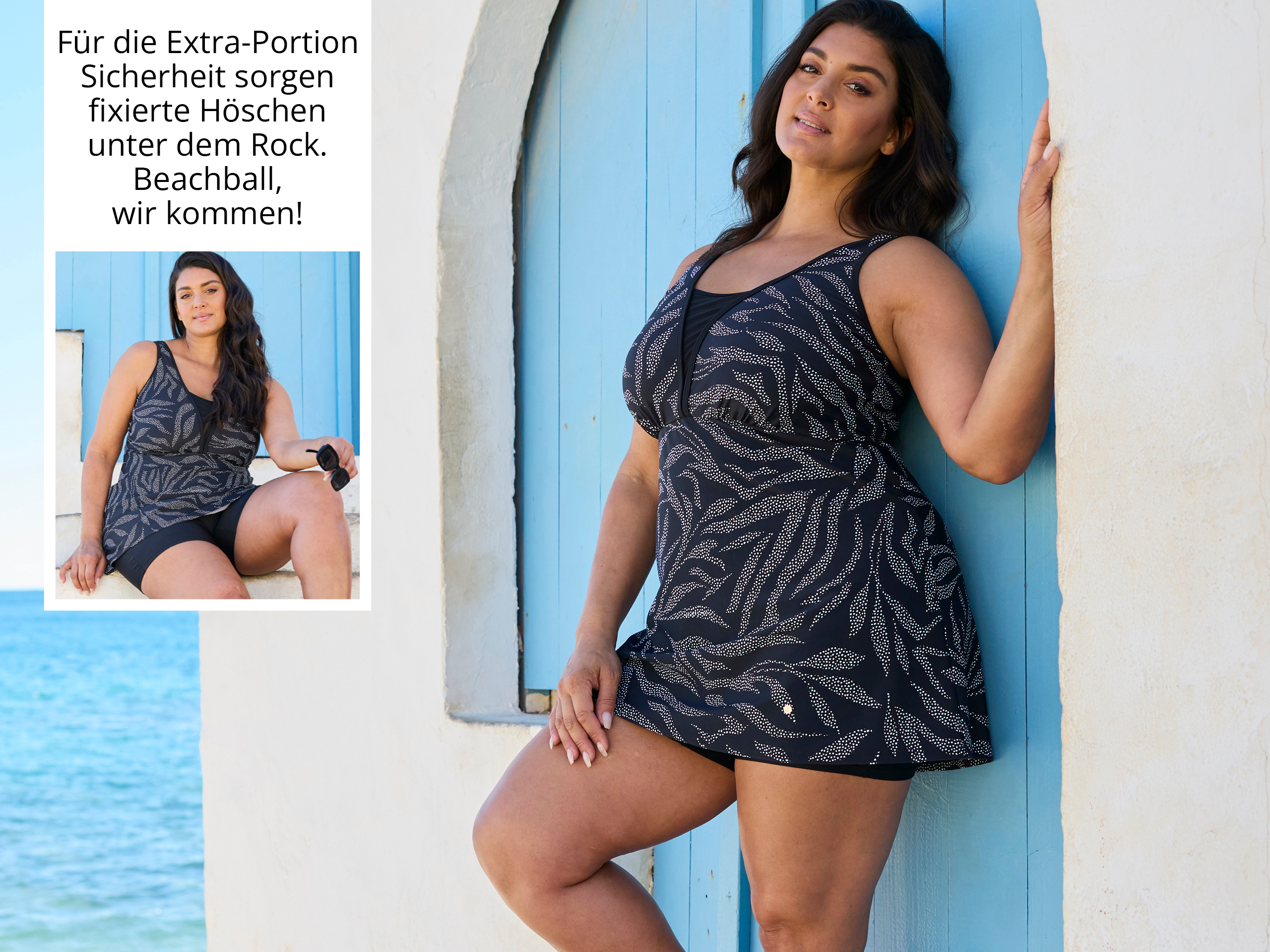 Modelbild mit Badekleid und Text: Für die Extra Portion Sicherheit sorgen fixierte Höschen unter dem Rock. Beachball, wir kommen!