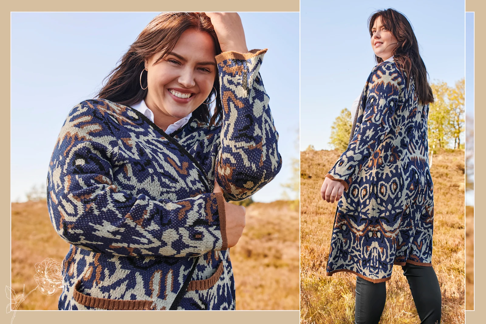 Ein Model trägt einen nachtblau-gemusterten Strickmantel Im Farb- und Mustermix
