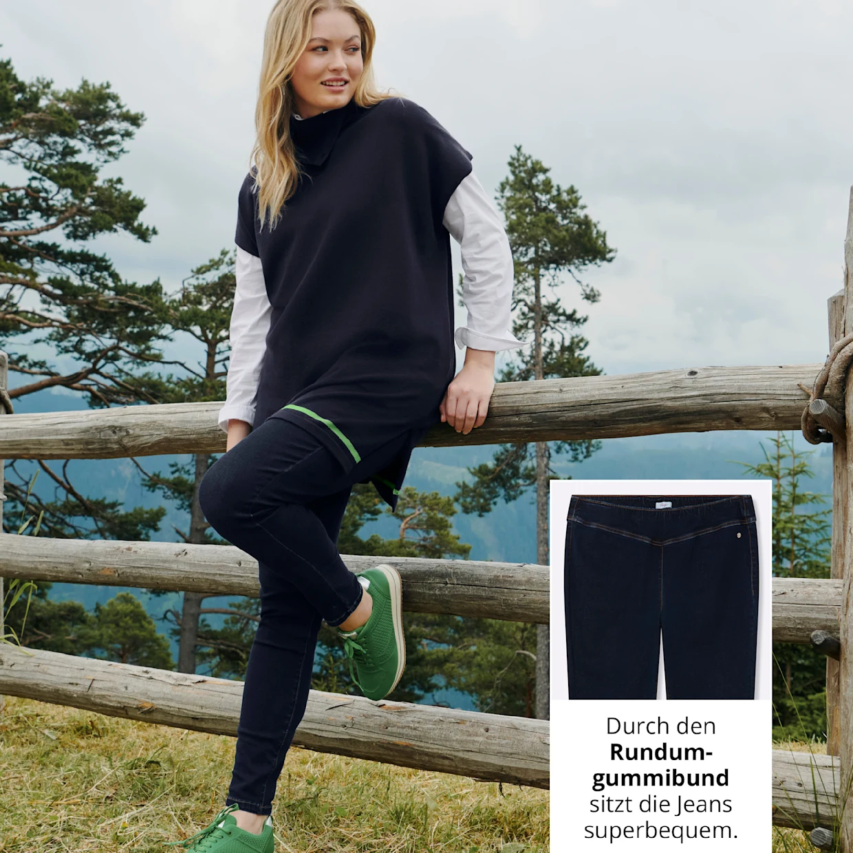 Model mit dunkelblauem Pullunder über weißem Langarmshirt und Jeans mit bequemem Rundum-Gummibund Model mit dunkelblauem Pullunder über weißem Langarmshirt und Jeans mit bequemem Rundum-Gummibund