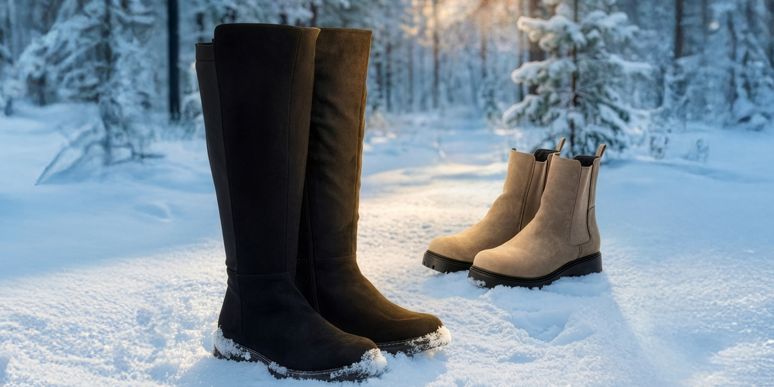 schwarze Weitschaftstiefel und hellbraune Boots in Schneelandschaft