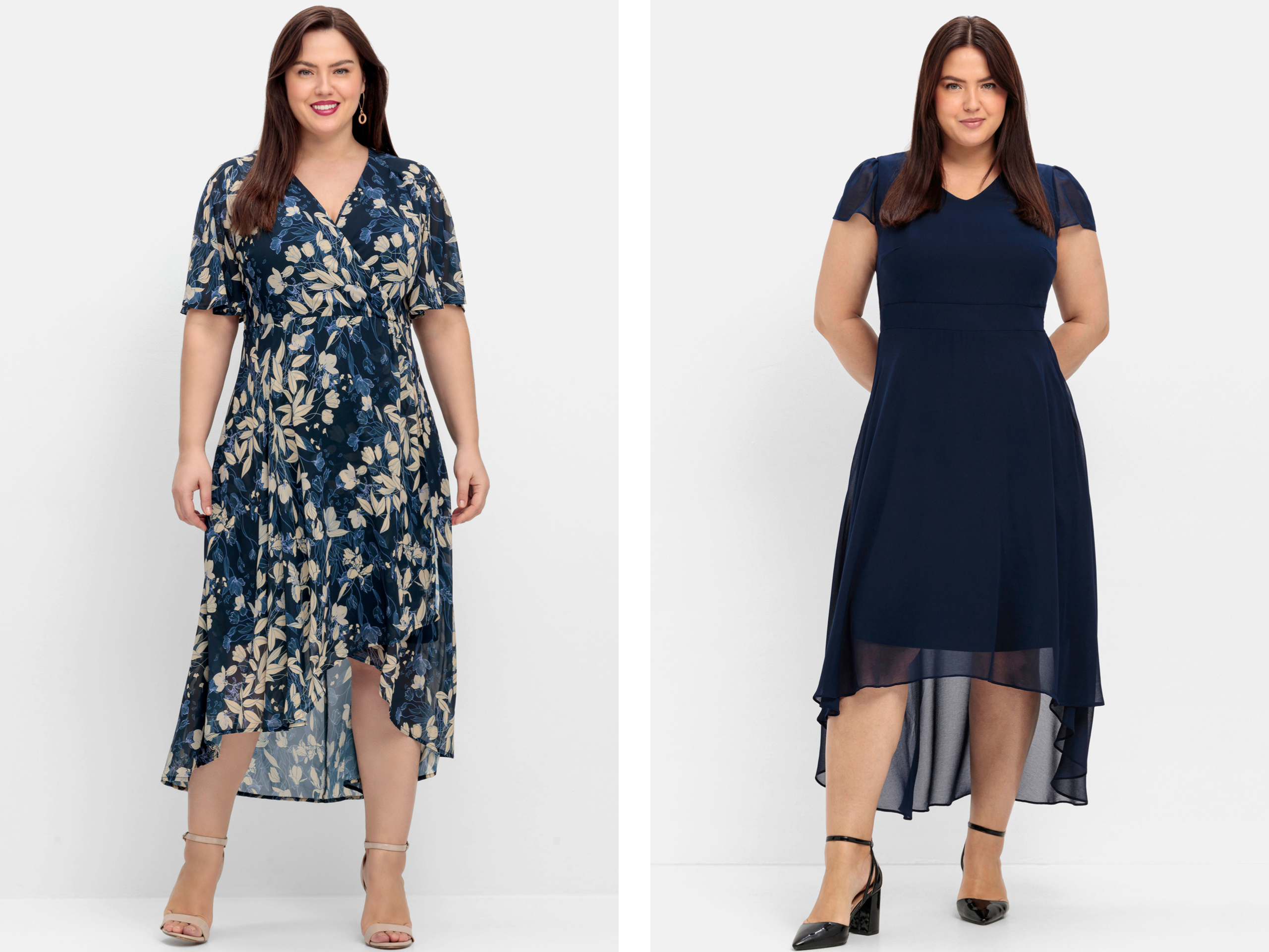 zwei Abendkleider, beide wadenlang und mit Chiffon, links blau-beige floral gemustert, rechts unifarben dunkelblau