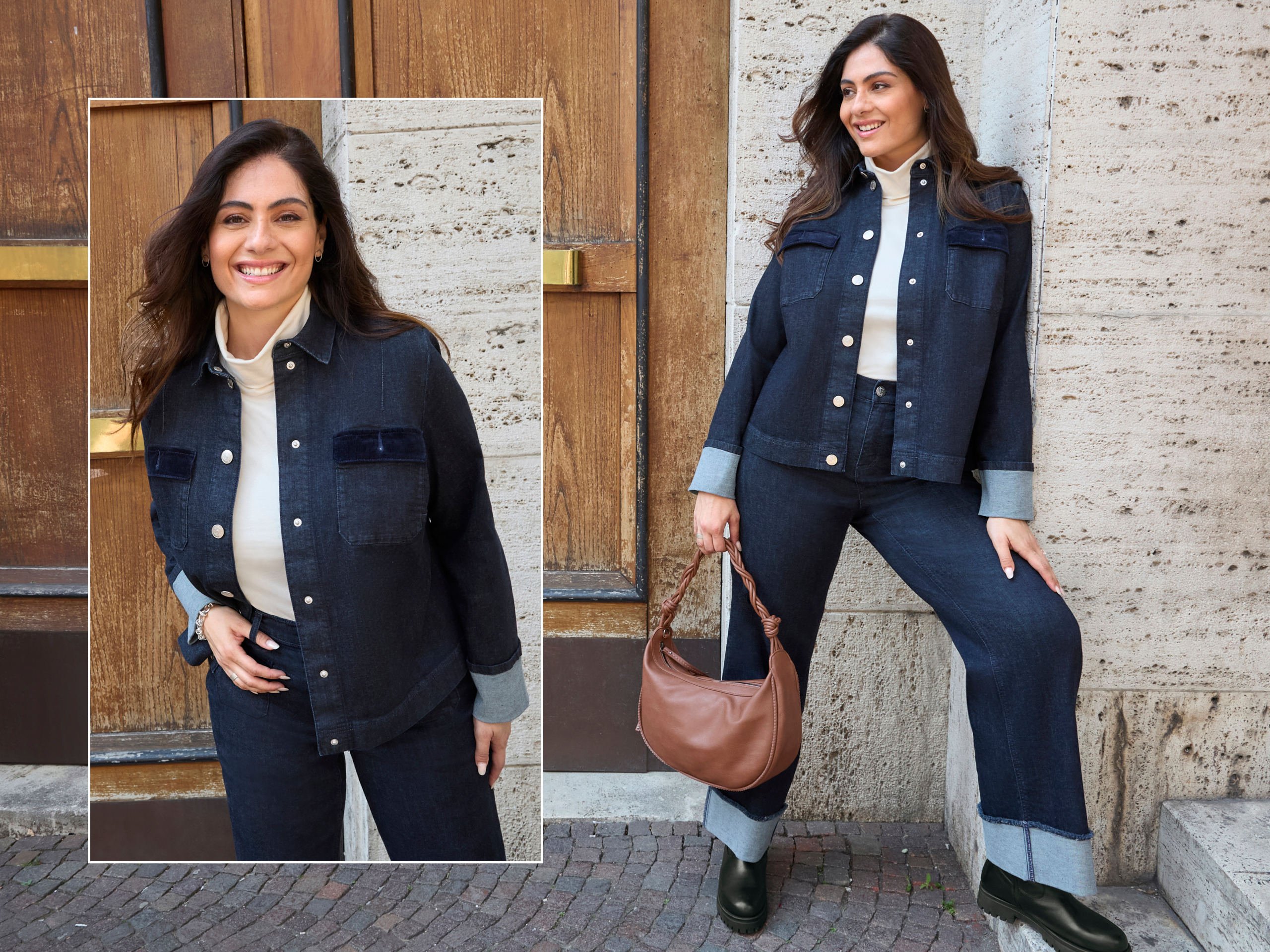 Ein Model trägt eine Jeansbluse in dark blue​, ein wollweißes Rollkragenshirt und eine ELLA Jeans in dark blue.