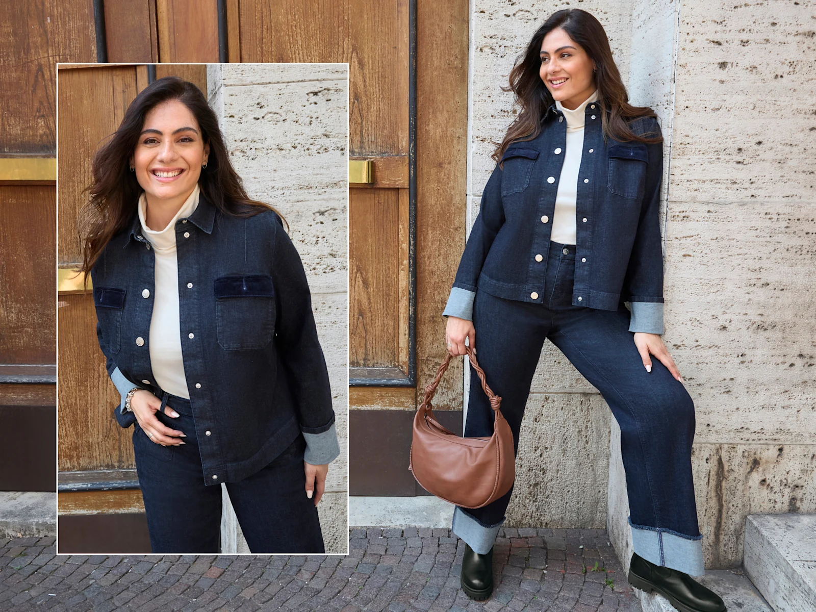 Ein Model trägt eine Jeansbluse in dark blue, ein wollweißes Rollkragenshirt und eine ELLA Jeans in dark blue.