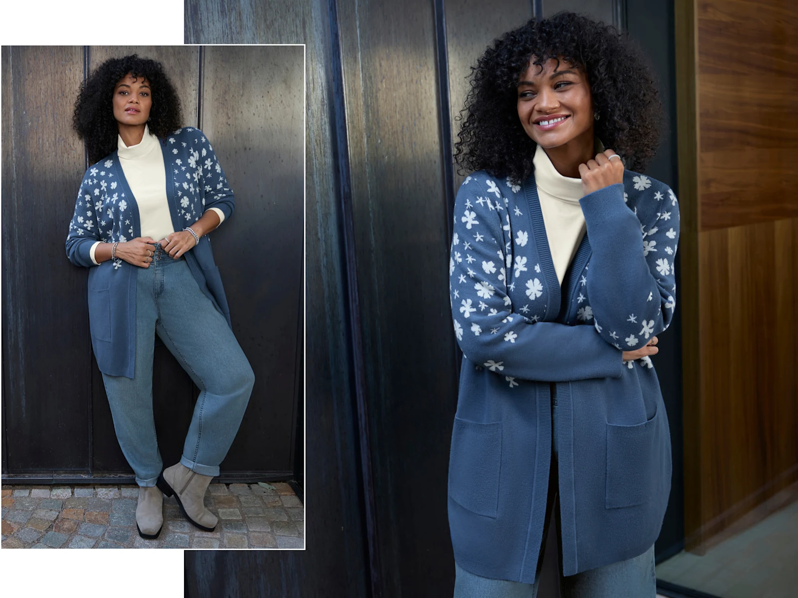 Ein Model trägt eine rauchblau-weiß-gemusterte Longstrickjacke mit Jacquard-Blüten