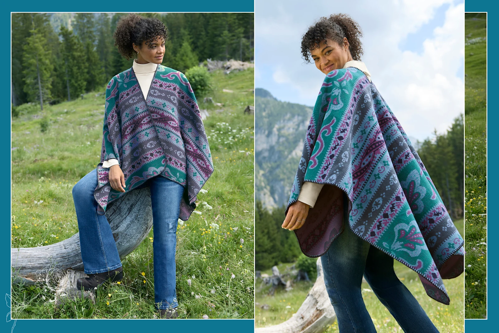 Ein Model trägt einen petrol-malve-gemustertn Poncho, ein champagnerfarbenes Rollkragenshirt und eine dark blue denim Bootcut-Jeans.