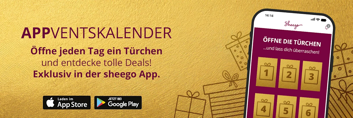 Eine Werbe-Grafik für den sheego Appventskalender zeigt ein Handy mit Geschenkverpackungen und dem Text: Öffne die Türchen und lass dich überraschen. Daneben folgender Text: APPVENTSKALENDER. Öffne jeden Tag ein Türchen und entdecke tolle Deals! Exklusiv in der sheego App. Darunter die Logos vom App Store und Google Play Store.