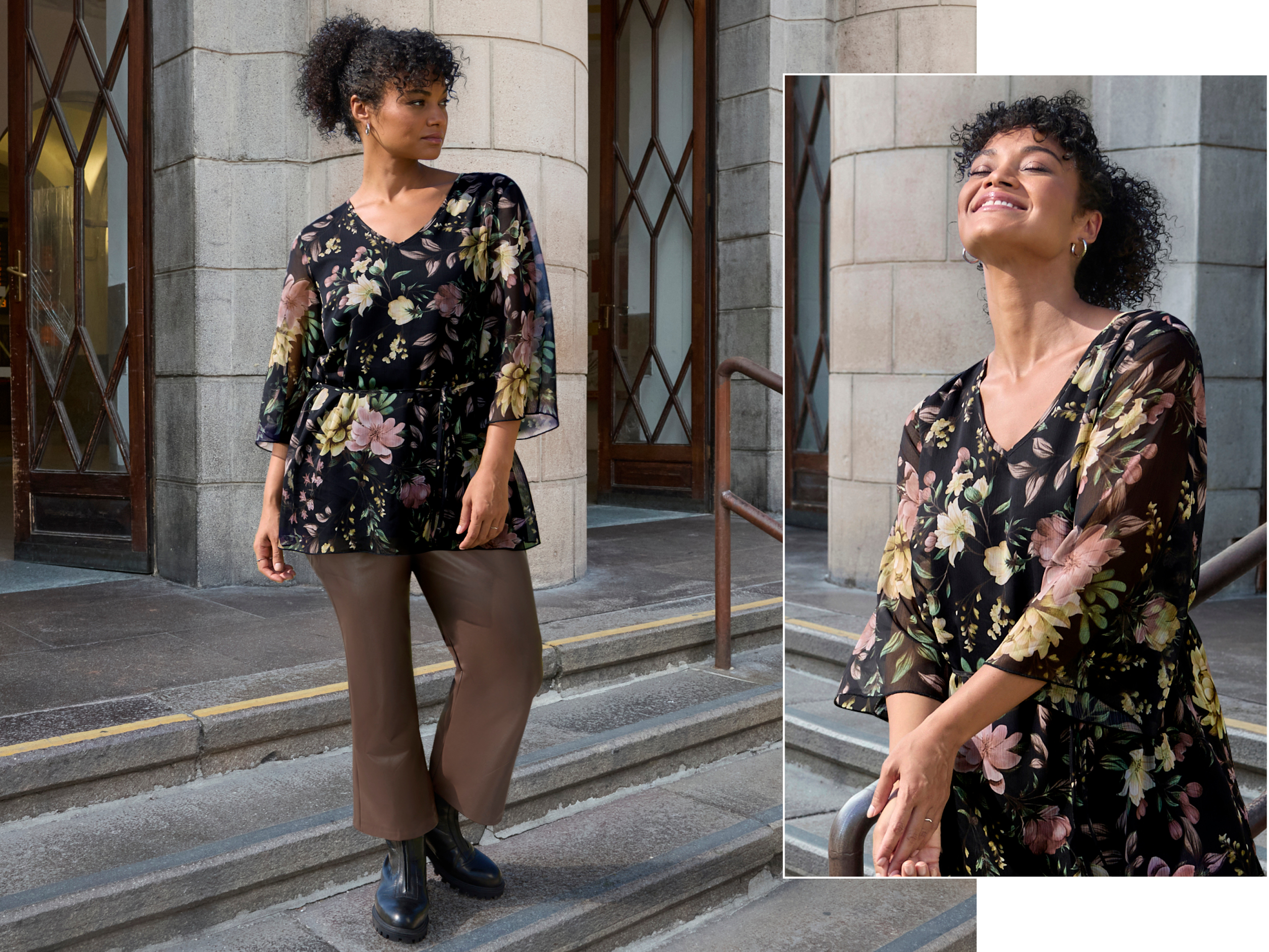 Ein Model trägt eine schwarz-rosenholz-bedruckte Tunika mit floralem Alloverprint und eine schoko farbene Bootcuthose aus Lederimitat