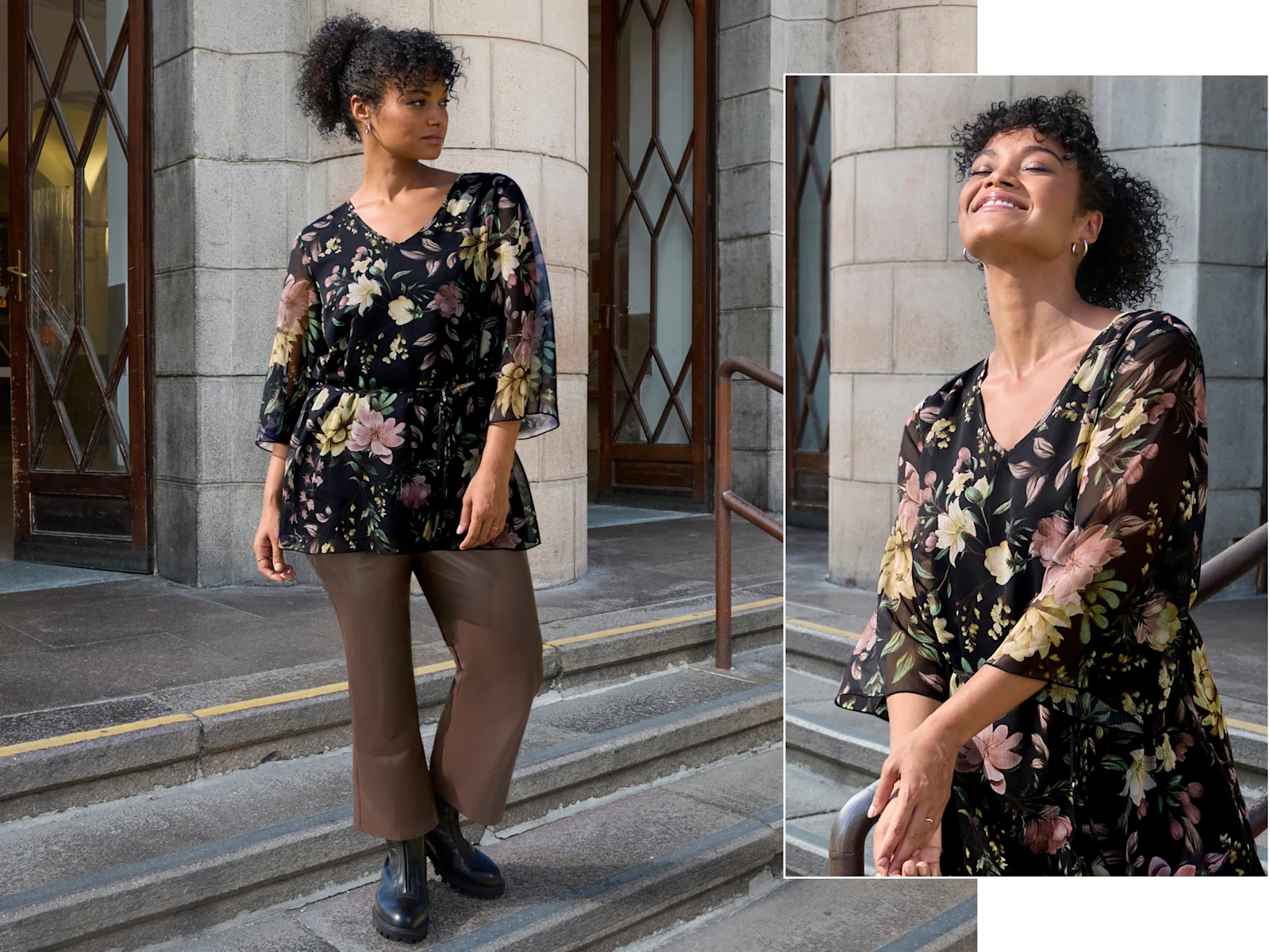 Ein Model trägt eine schwarz-rosenholz-bedruckte Tunika mit floralem Alloverprint und eine schoko farbene Bootcuthose aus Lederimitat