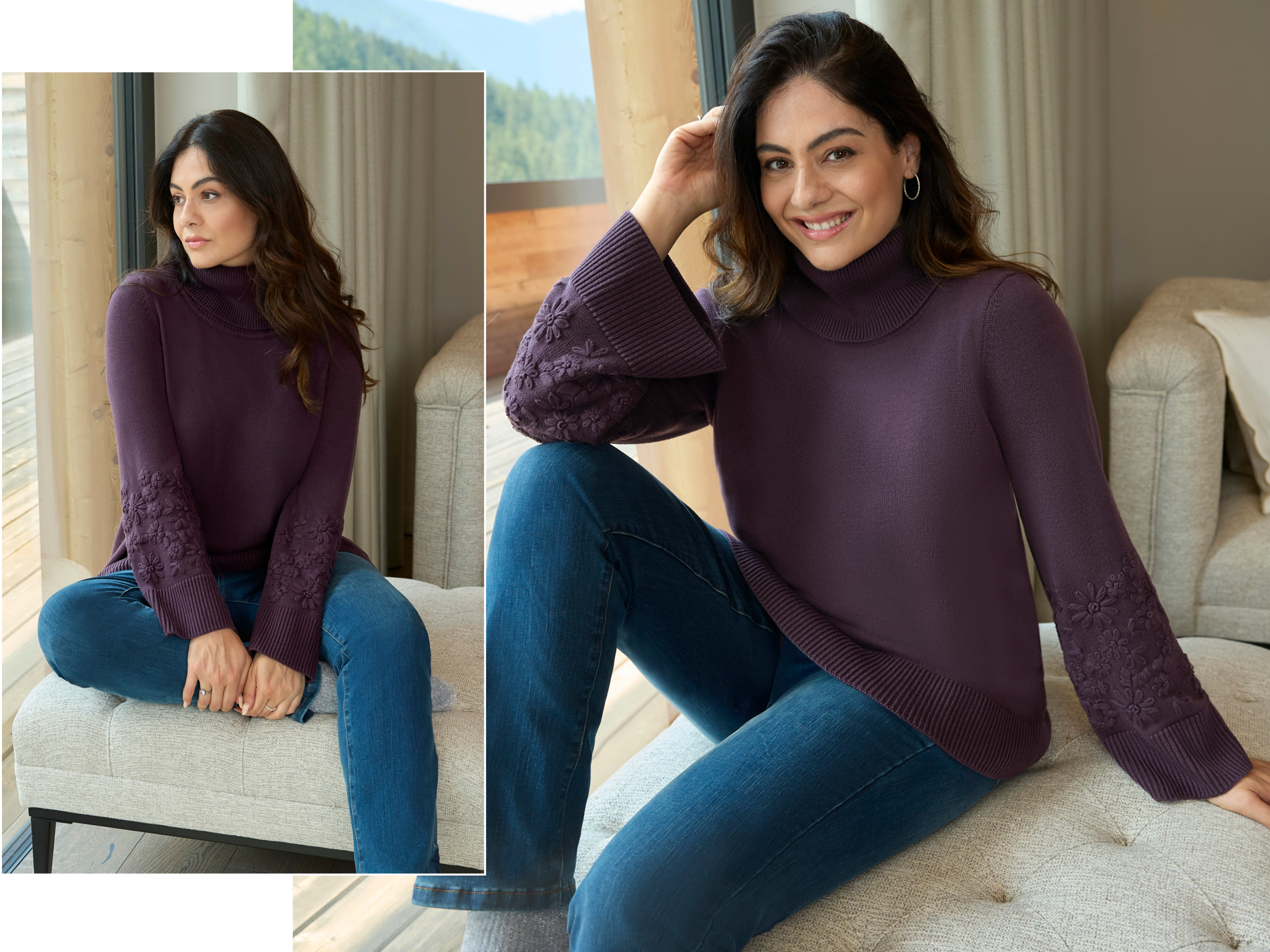 Ein Model trägt einen aubergine farbenen Pullover und eine blue denim Jeans