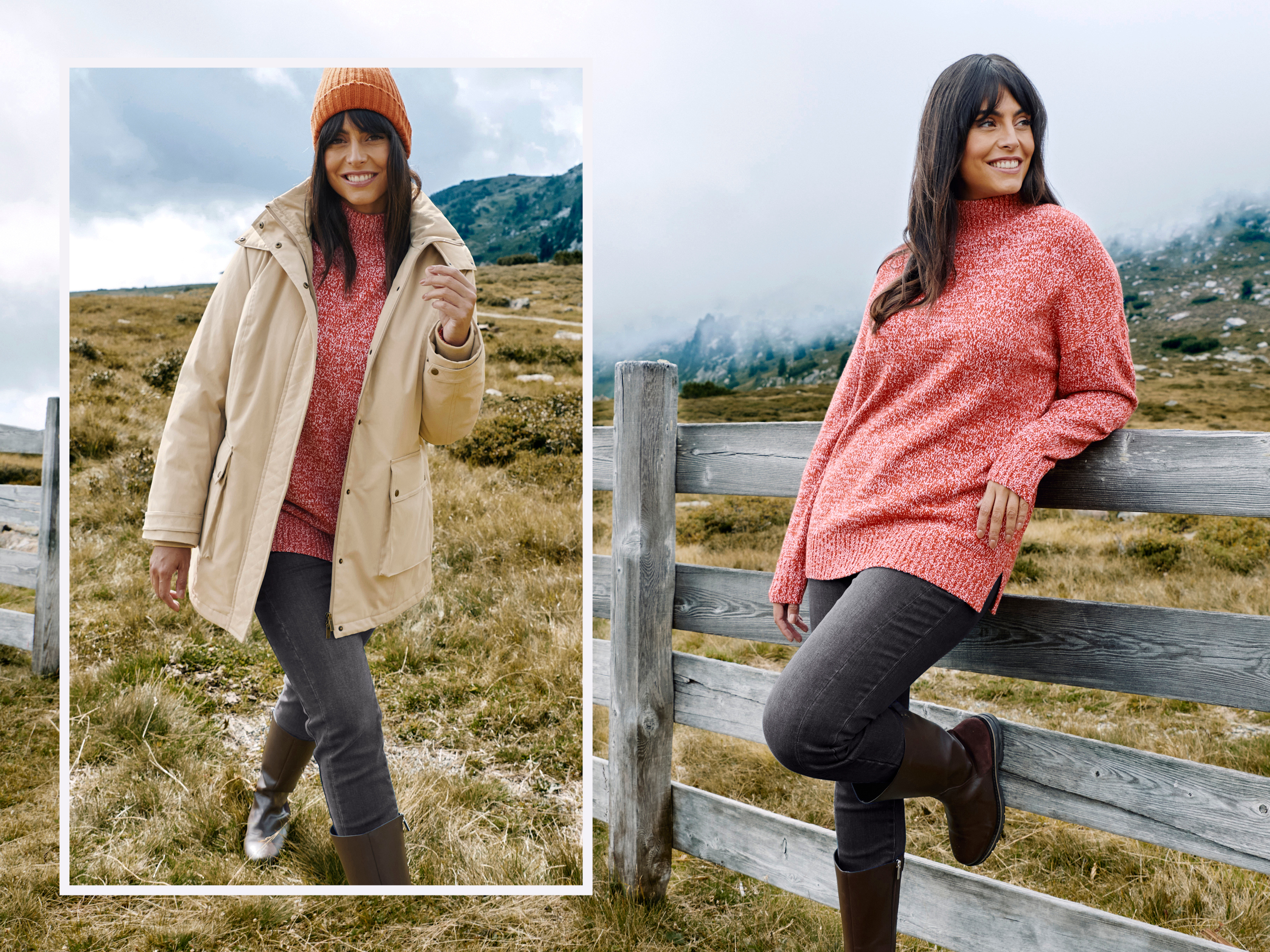 Ein Model in einer herbstlichen Landschaft, sie trägt einen beigen Parka mit teilbarer Kapuze, einen rostroten Pullover in melierter Strickqualität, eine dunkelgraue enge Jeans und Stiefel. Rechts in deiner weiteren Abbildung sieht man das Model an einen Zaun gelehnt, hier trägt sie keine Jacke, somit liegt der Fokus auf denm rostroten Pullover und der dunkelgrauen Jeans. 