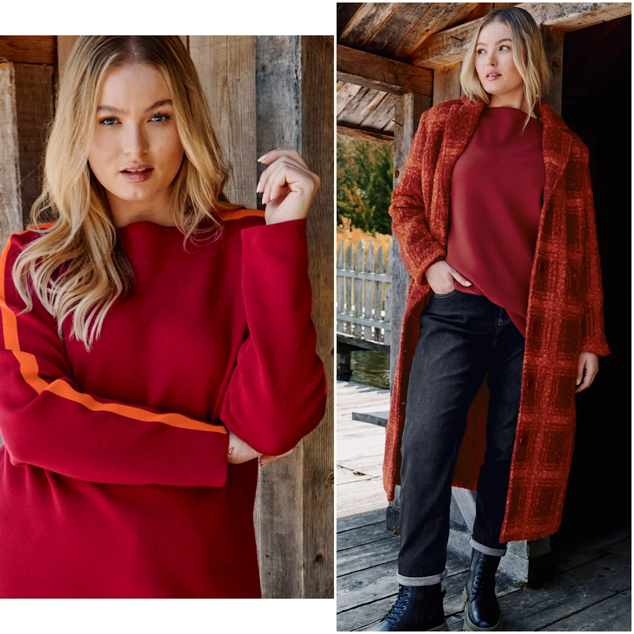 Model in kirschrotem Pulli mit orangem Ärmelstreifen und langem Wollimitat-Mantel mit orange-rotem Karomuster