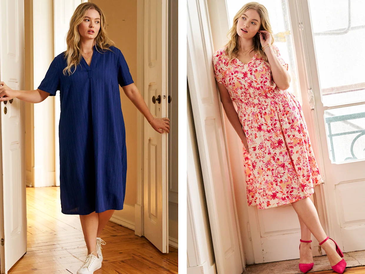 zwei knielange Kleider nebeneinander: links unifarben blau in lockerem Schnitt, rechts Hummerfarben bedruckt und tailliert zwei knielange Kleider nebeneinander: links unifarben blau in lockerem Schnitt, rechts Hummerfarben bedruckt und tailliert