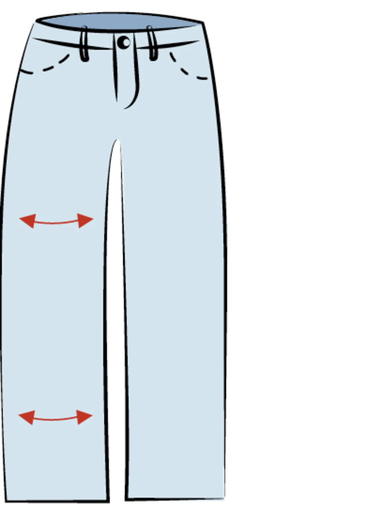 Curvy Schnitt Ella mit zwei Pfeilen an den Beinen. Oberschenkel und Wade sehr breit geschnitten