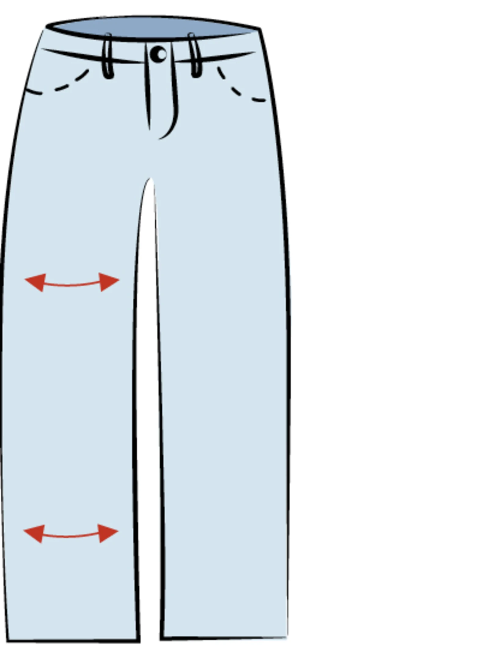 Curvy Schnitt Ella mit zwei Pfeilen an den Beinen. Oberschenkel und Wade sehr breit geschnitten